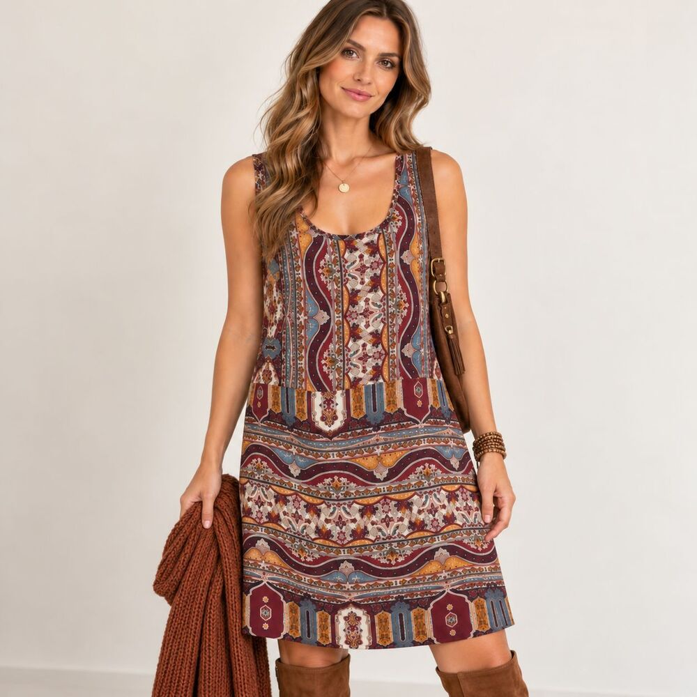Lucky Brand Women’s S Silk Paisley Sleeveless Boho Shift Mini Dress Multicolor